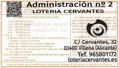 Reverso del d&eacute;cimo 89106 con el sello de la Administraci&oacute;n n&ordm; 2 &laquo;Loter&iacute;a Cervantes&raquo;, en Villena